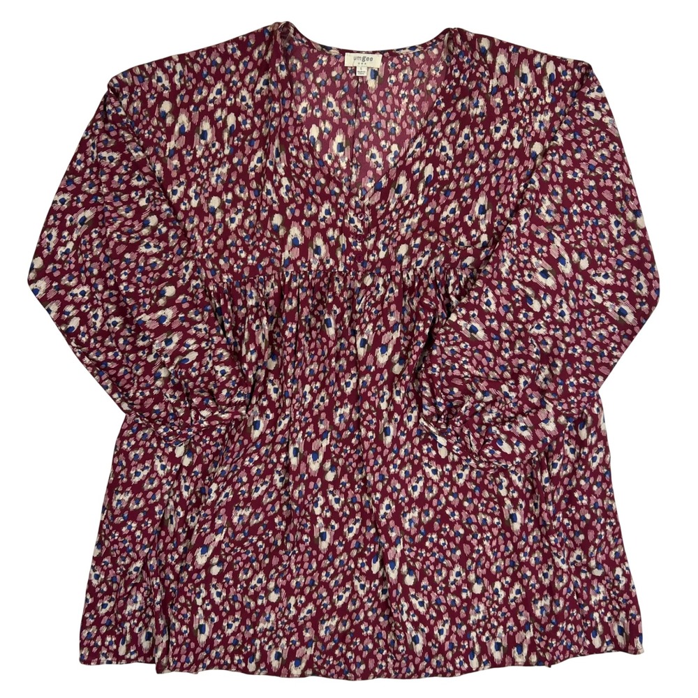 Umgee USA Burgundy Abstract‎ Leopard Print Babydoll Tunic Top V-Neck Large G2410